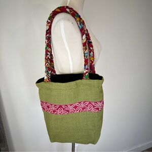 Freeset Burlap Tote Bag Green Braided Strap boho beach